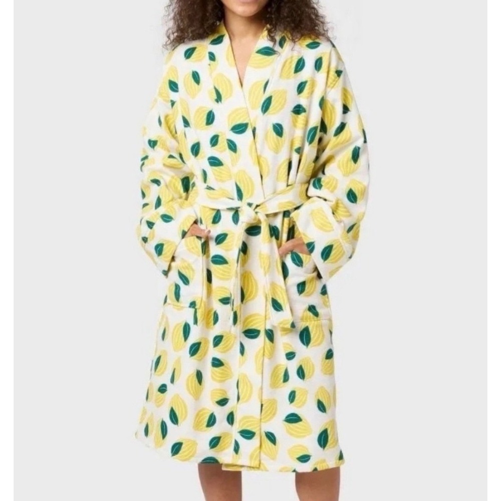 summer robe Room Essentials Lemons Bath Womens L/XL White Yellow Knit Cotton